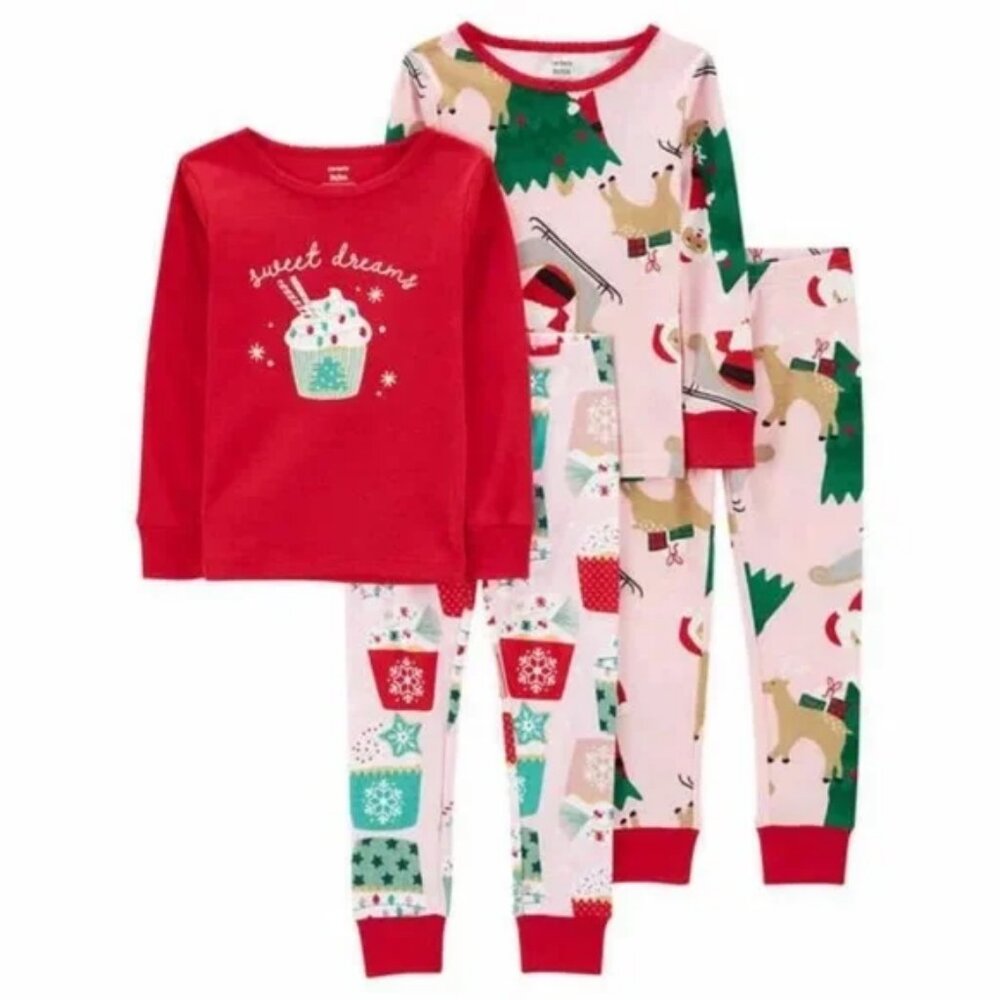 NEW Carter's 4 Piece Cotton Snug Fit Christmas Santa Claus Reindeer Pajamas Pjs